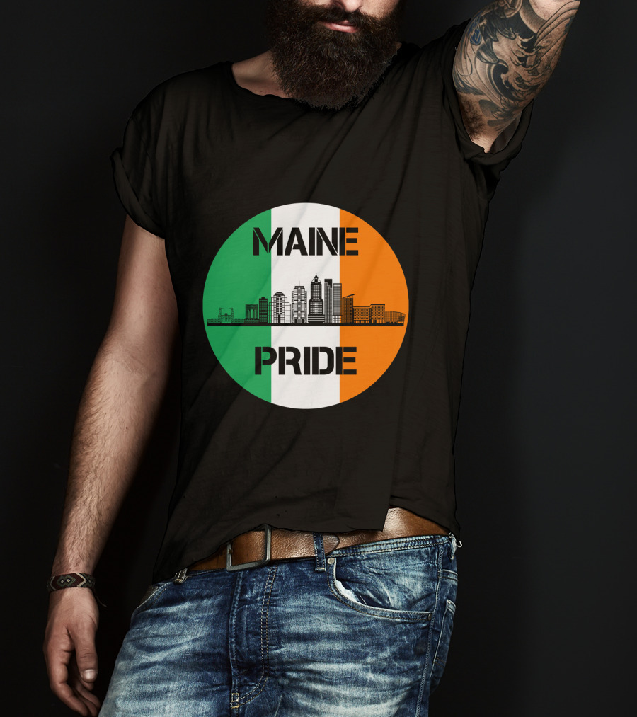 Maine Pride City Skyline With Irish Flag Colors Maine T-Shirt