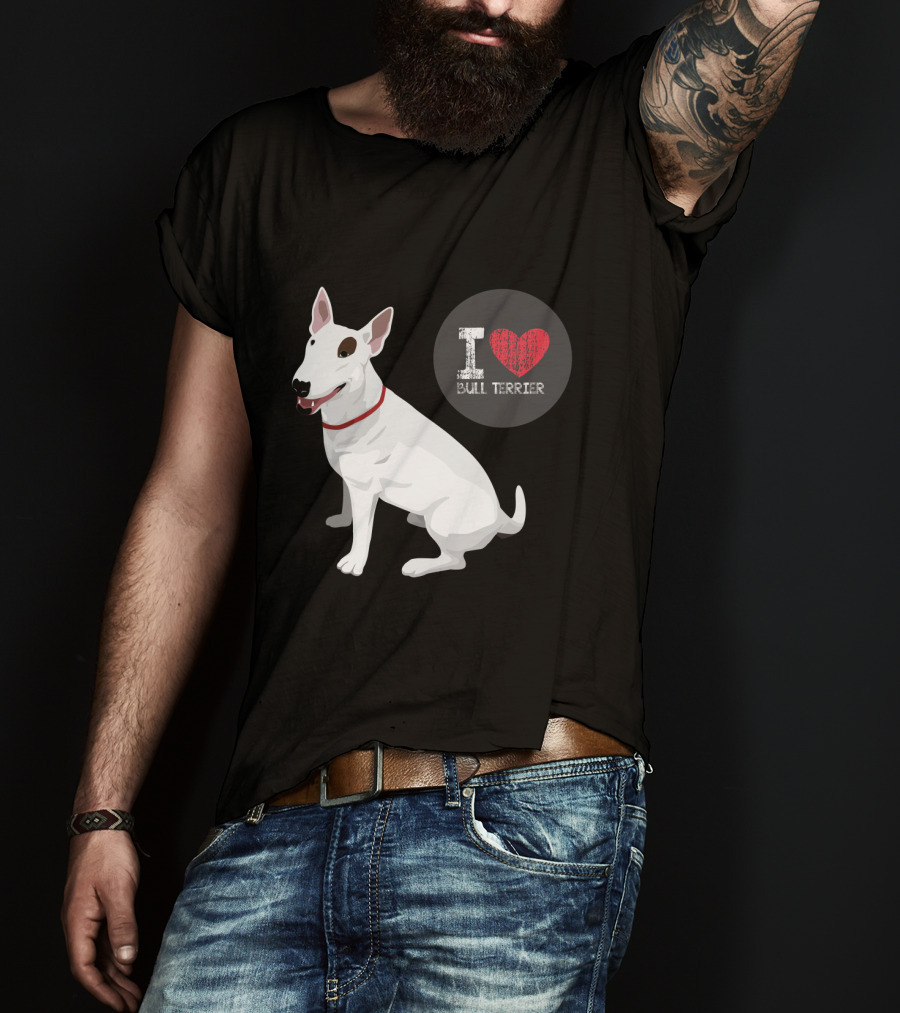 I Love Bull Terrier White Dog Sitting With Red Collar T-Shirt