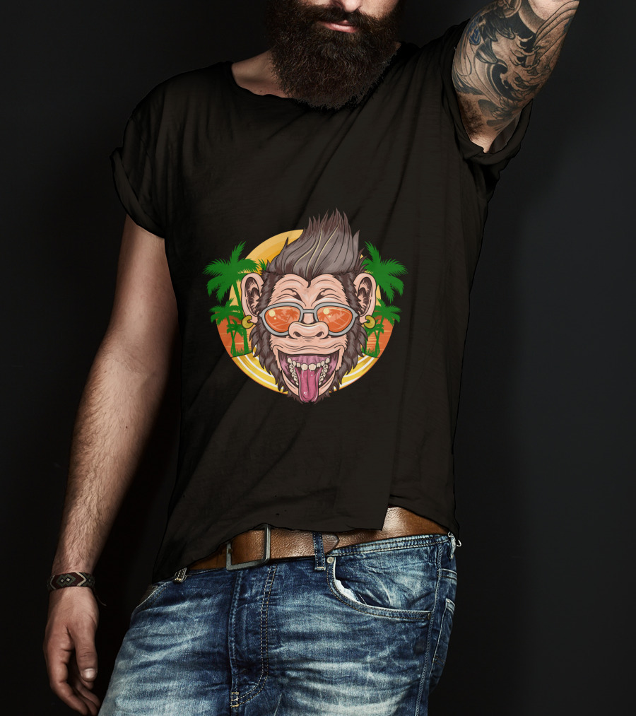 Funny Chimpanzee Sunglasses Tropical Sunset T-Shirt