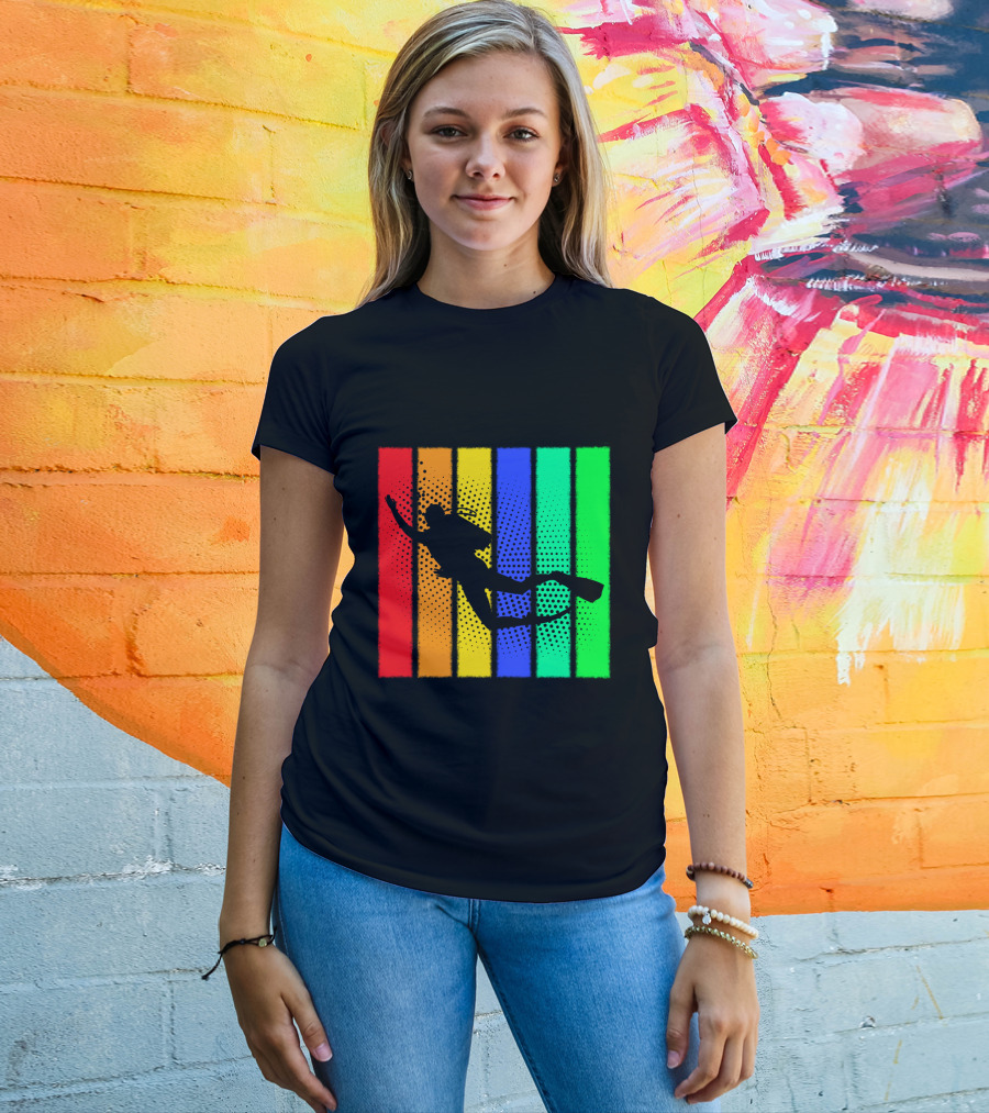 Retro Snorkeling Diver Silhouette Rainbow Stripes T-Shirt