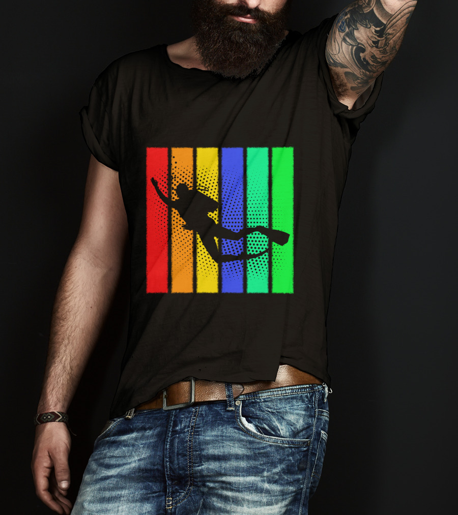 Retro Snorkeling Diver Silhouette Rainbow Stripes T-Shirt