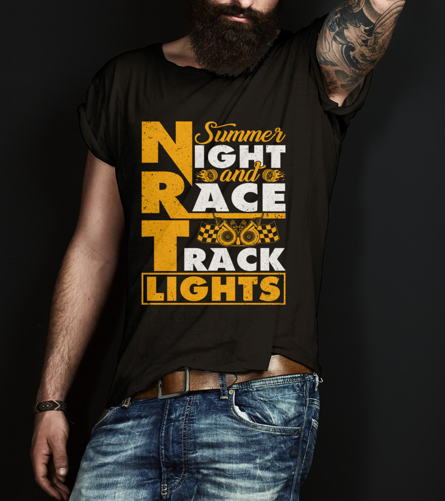 Summer Night And Race Track Lights With Engine And Checkered Flags T-Shirt