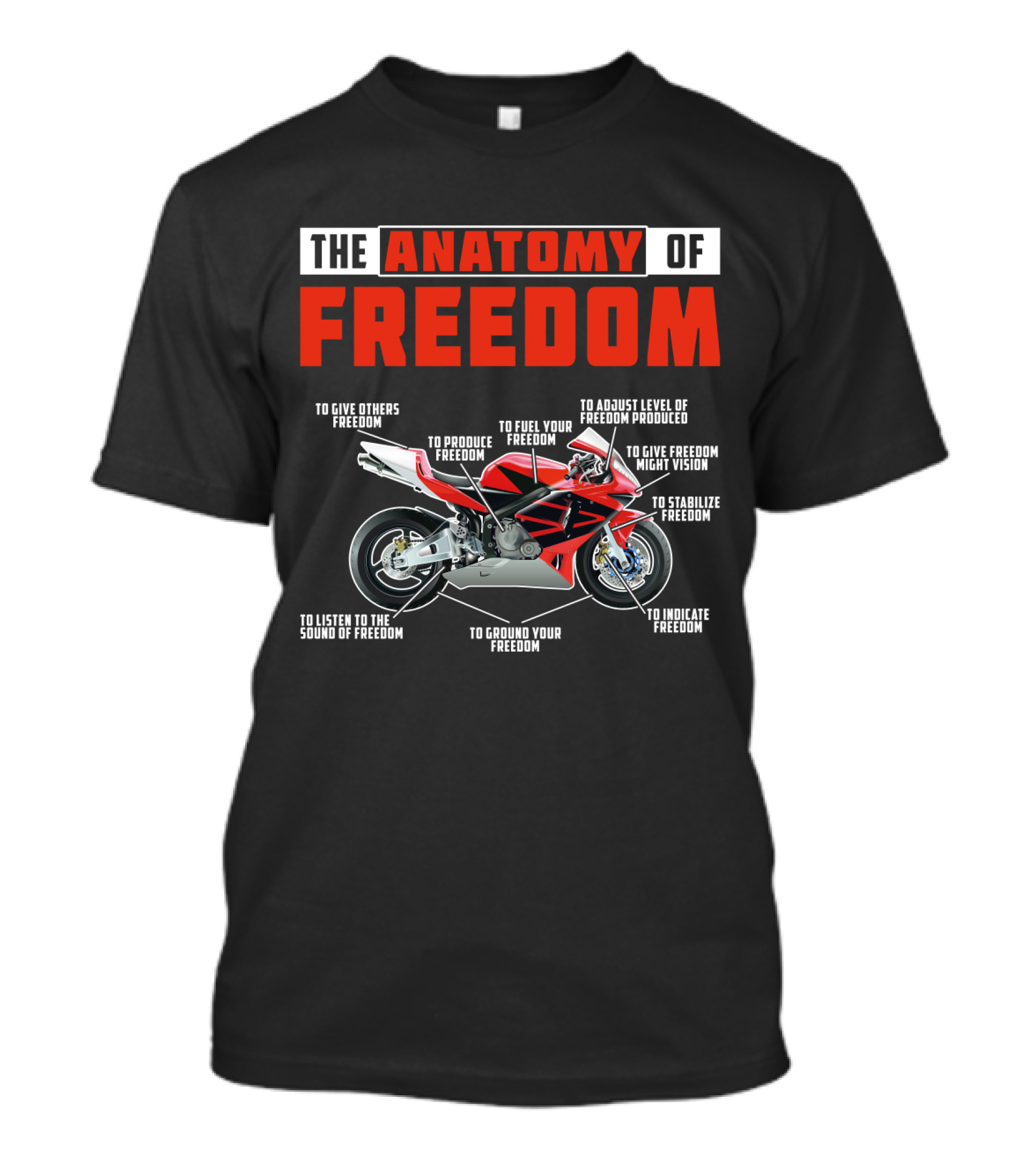 The Anatomy Of Freedom Motorcycle Components: To Give, Produce, Fuel, Adjust, Stabilize, Indicate, Ground, Listen, Vision T-Shirt