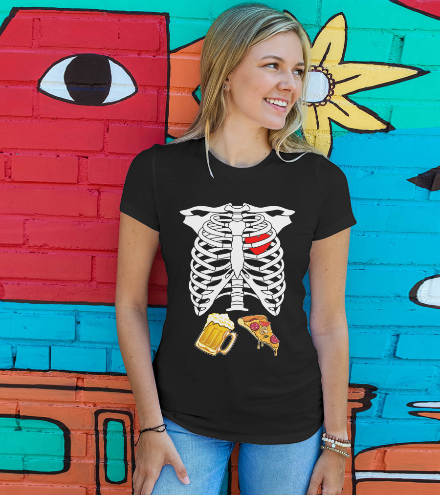 Maternity Beer And Pizza Skeleton Ribcage Heart T-Shirt