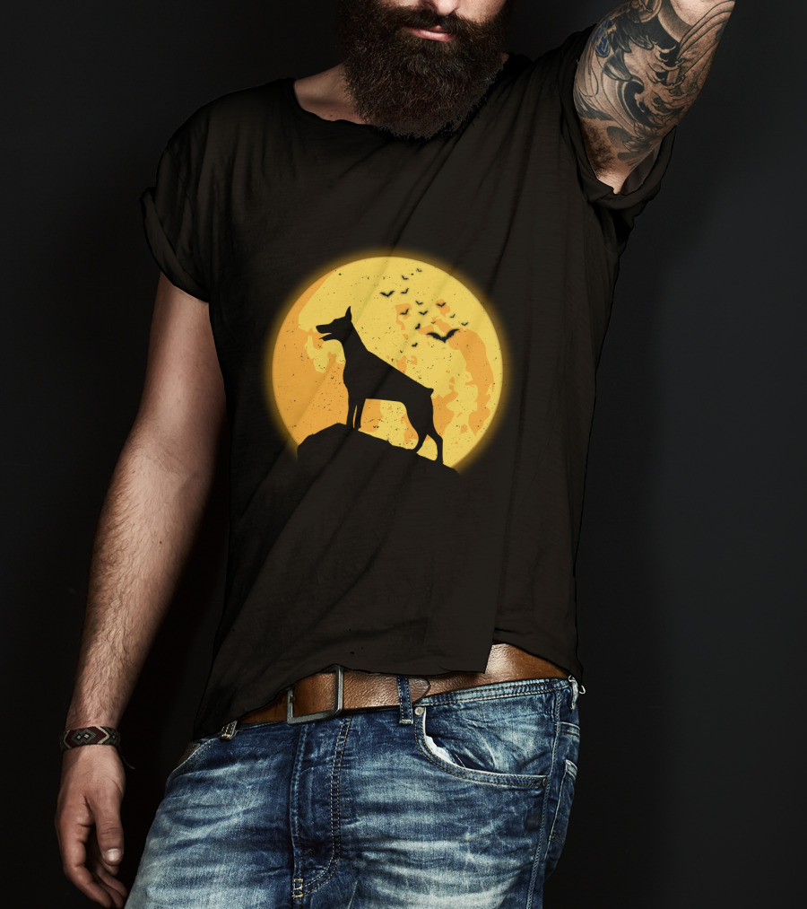 DOBERMAN Dog Silhouette Against Orange Moon Night Scene T-Shirt