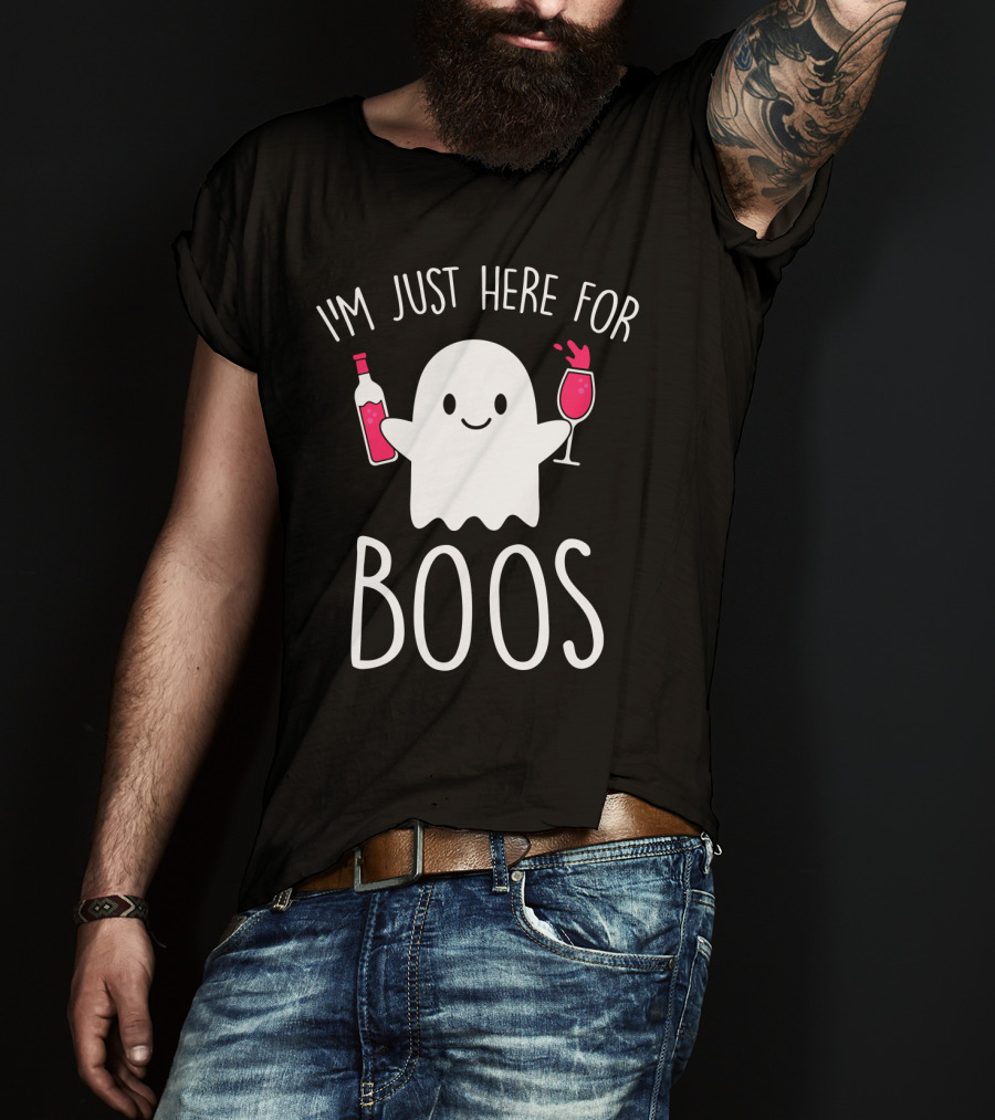 I'm Just Here For Boos Ghost Holding Wine Bottle And Glass T-Shirt