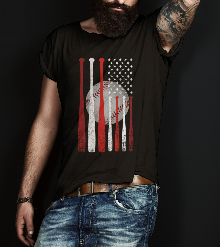 Vintage American Flag Baseball Bats And Ball Stars T-Shirt