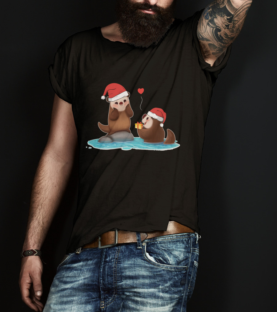 Cute Otter Santa With Gift And Heart On Ice T-Shirt