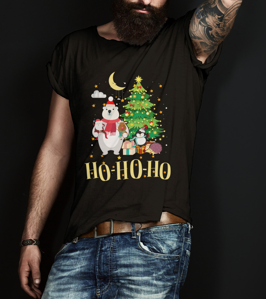 HO HO HO Christmas Dreams Polar Bear Santa Penguin Tree T-Shirt