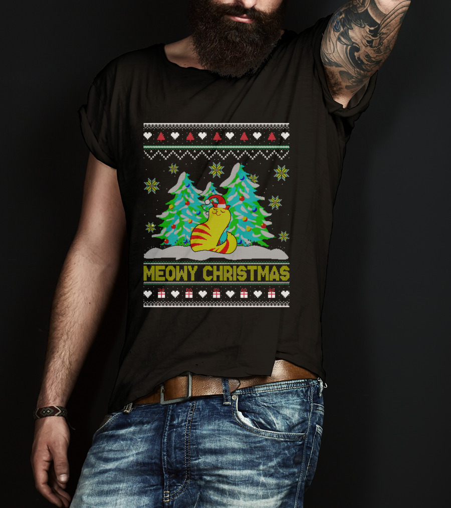 Meowy Christmas Cat Lover Ugly Christmas T-Shirt
