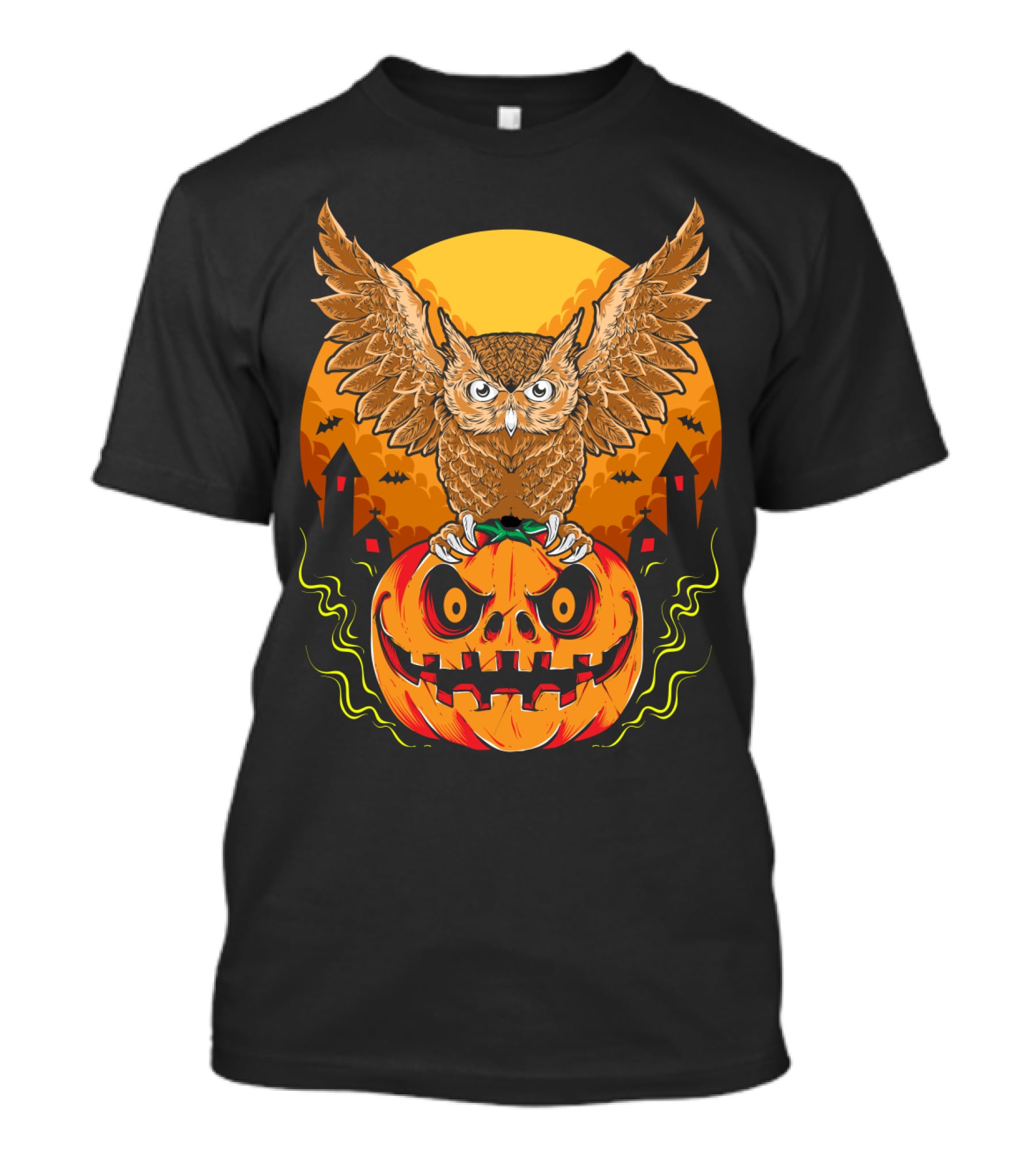 Owl Perched On Halloween Pumpkin With Haunted Houses And Bats T-Shirt