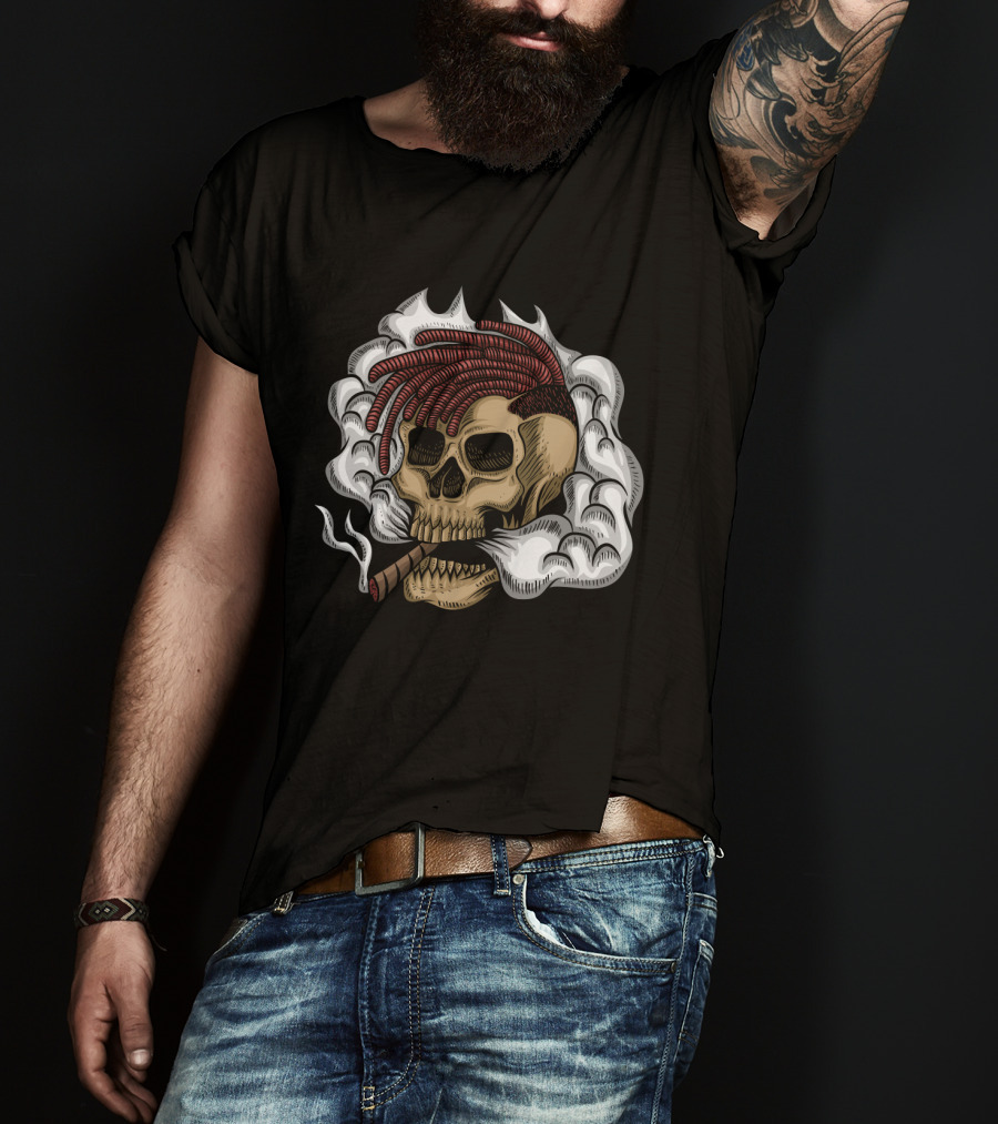 Skull Smoke Cigar With Red Braided Hair And White Smoke Plumes T-Shirt
