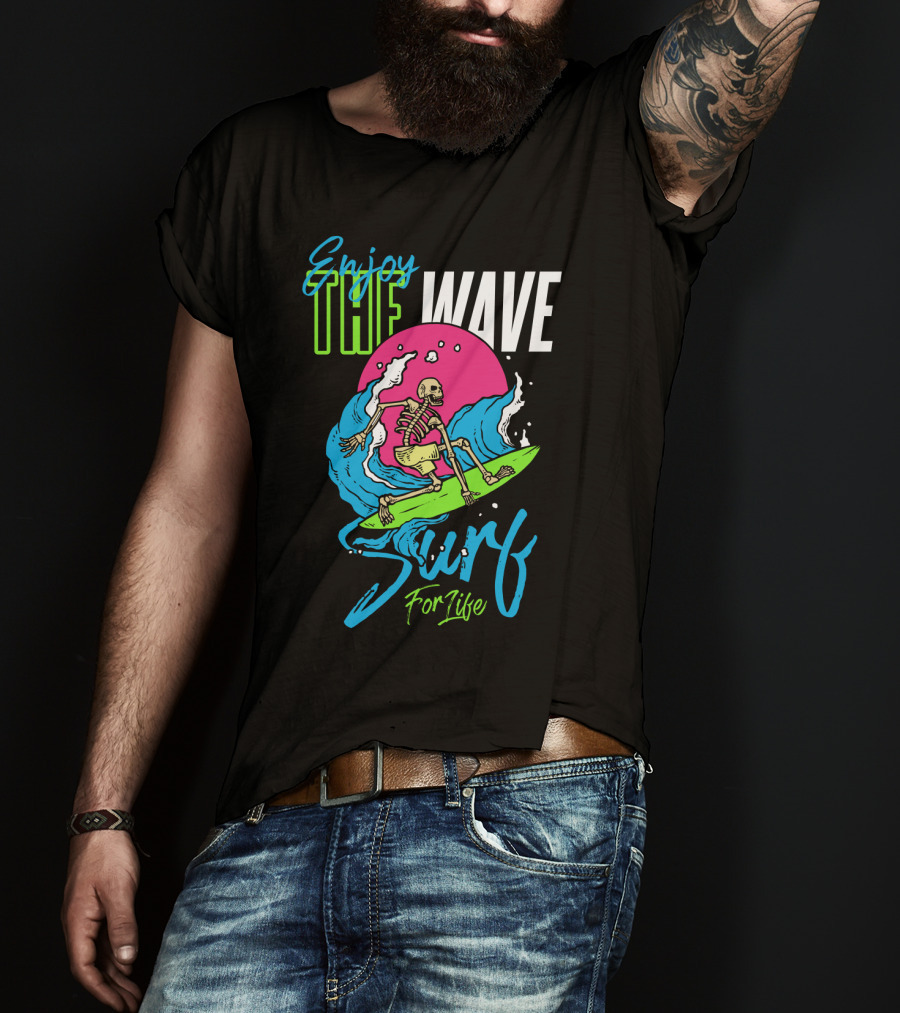 Enjoy The Wave Surf For Life Skull Surfing Summer T-Shirt