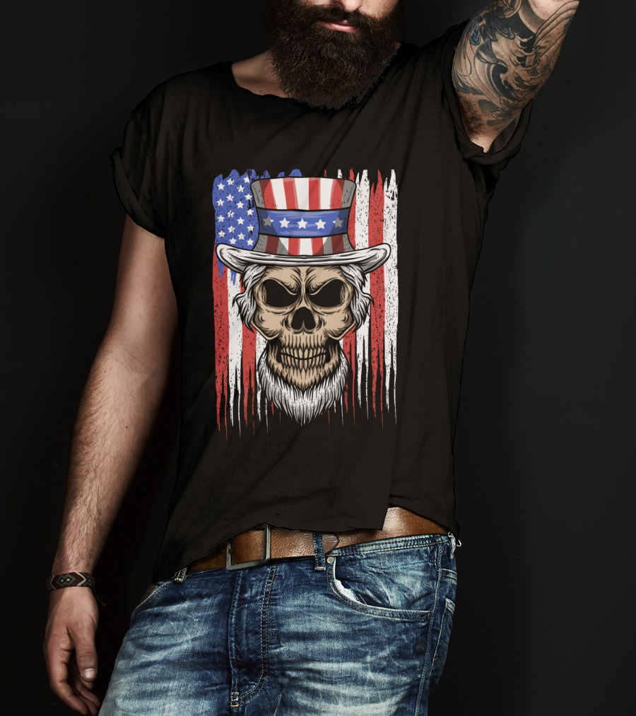 Skull Uncle Sam American Flag Hat T-Shirt