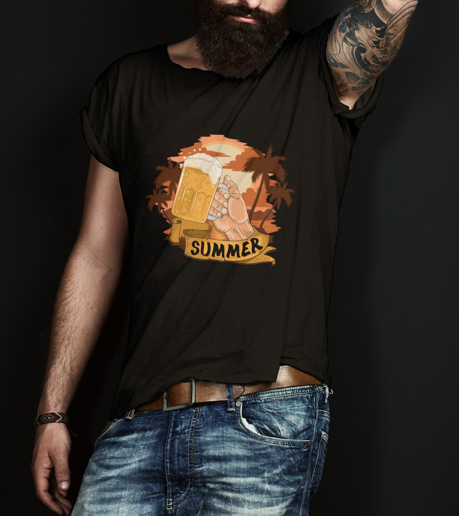 Summer Beach Beer Cheers At Sunset Palm Landscape T-Shirt