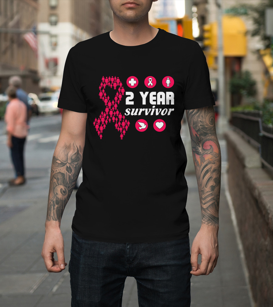 2 Year Survivor Pink Ribbon Breast Cancer Awareness Icons T-Shirt