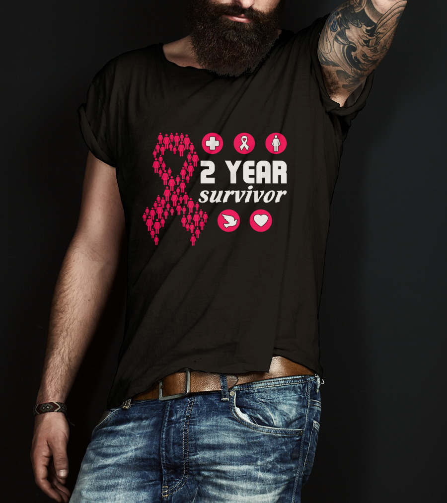 2 Year Survivor Pink Ribbon Breast Cancer Awareness Icons T-Shirt