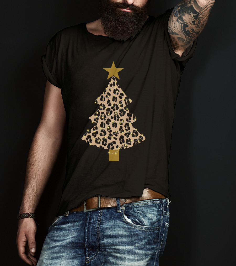 Leopard Print Christmas Tree With Star And Lights T-Shirt