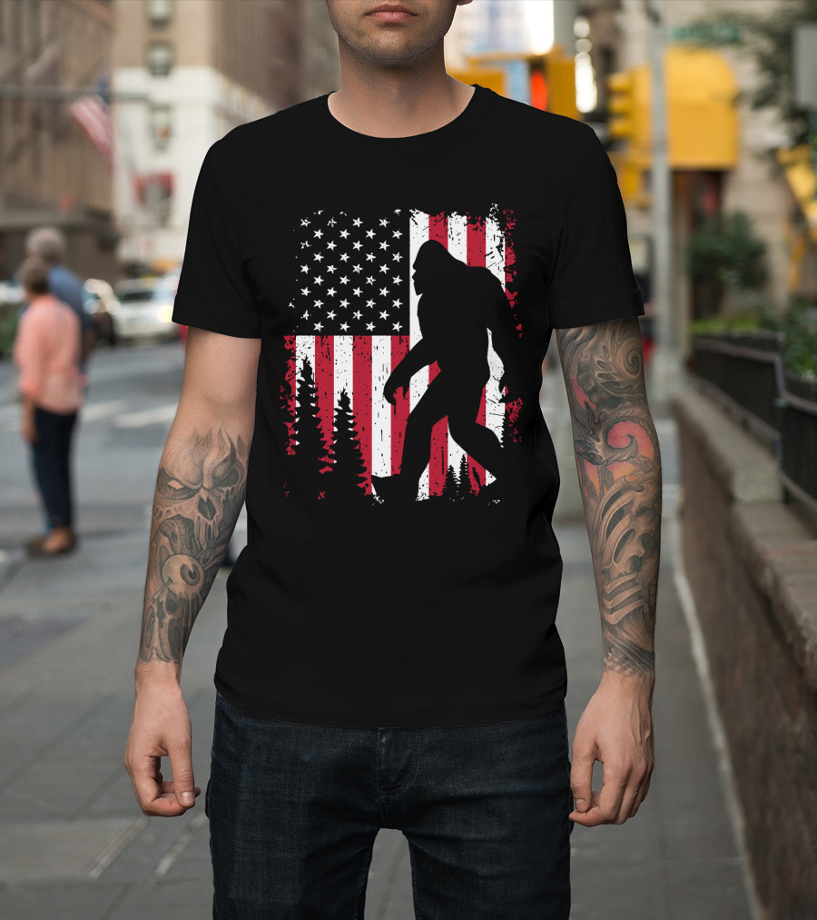 Bigfoot Walking Across American Flag With Forest T-Shirt