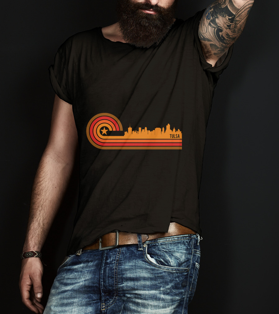 Retro Tulsa OK Skyline With Star And Sunset Stripes T-Shirt