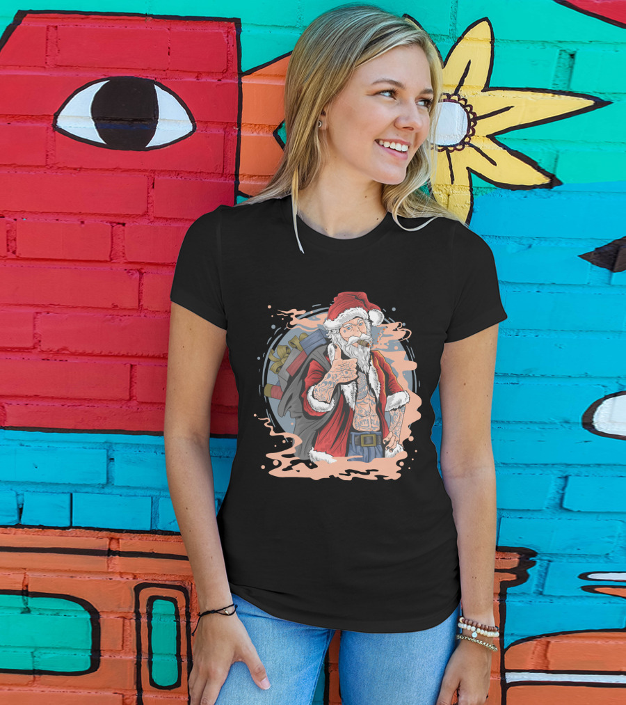 Christmas Santa Claus Smoking Tattooed Holiday Thumbs Up T-Shirt