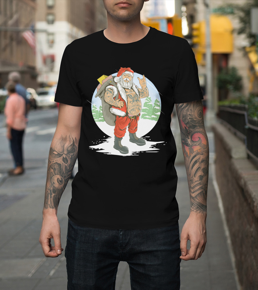 Christmas Santa Claus With Full Body Tattoo And Rock Hand Gesture T-Shirt