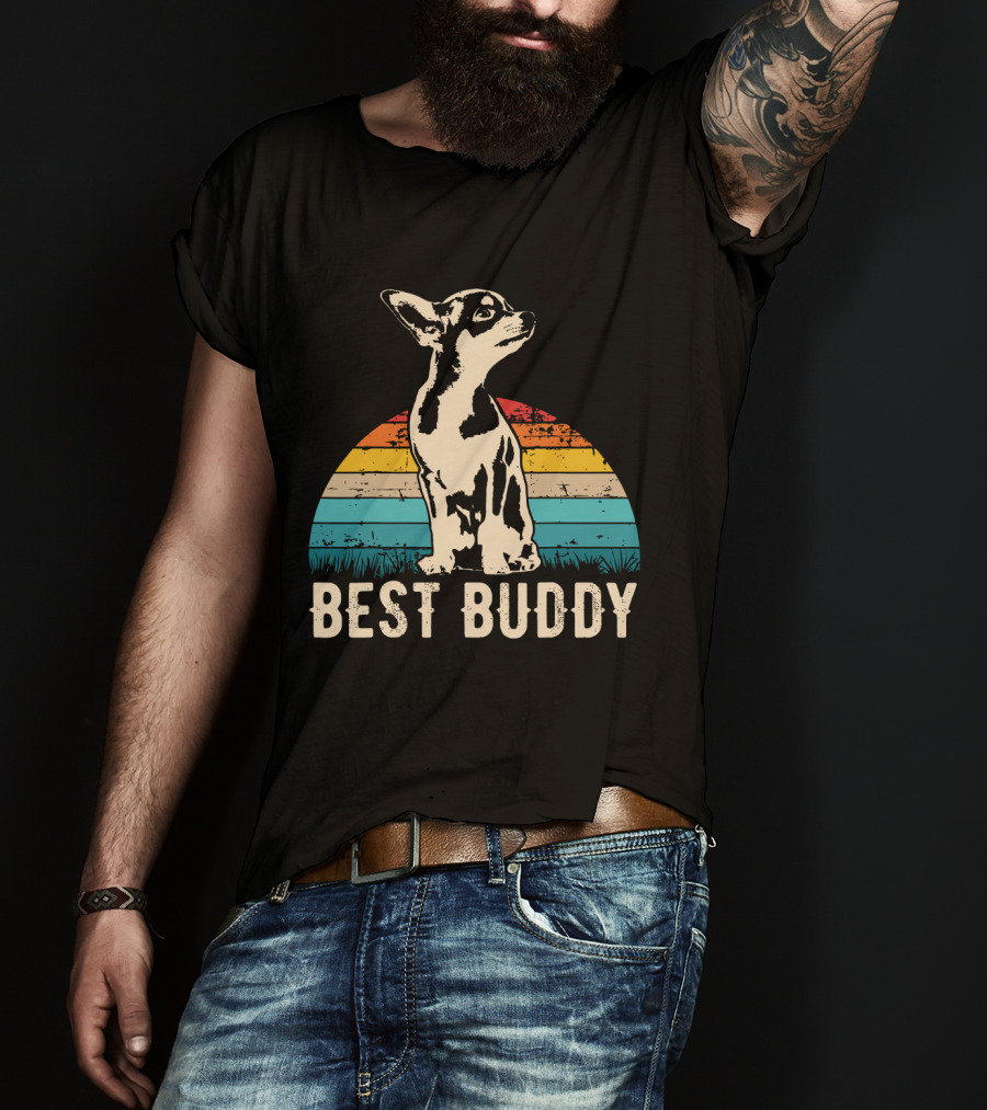 Retro Best Buddy Chihuahua With Vintage Sunset Stripes T-Shirt