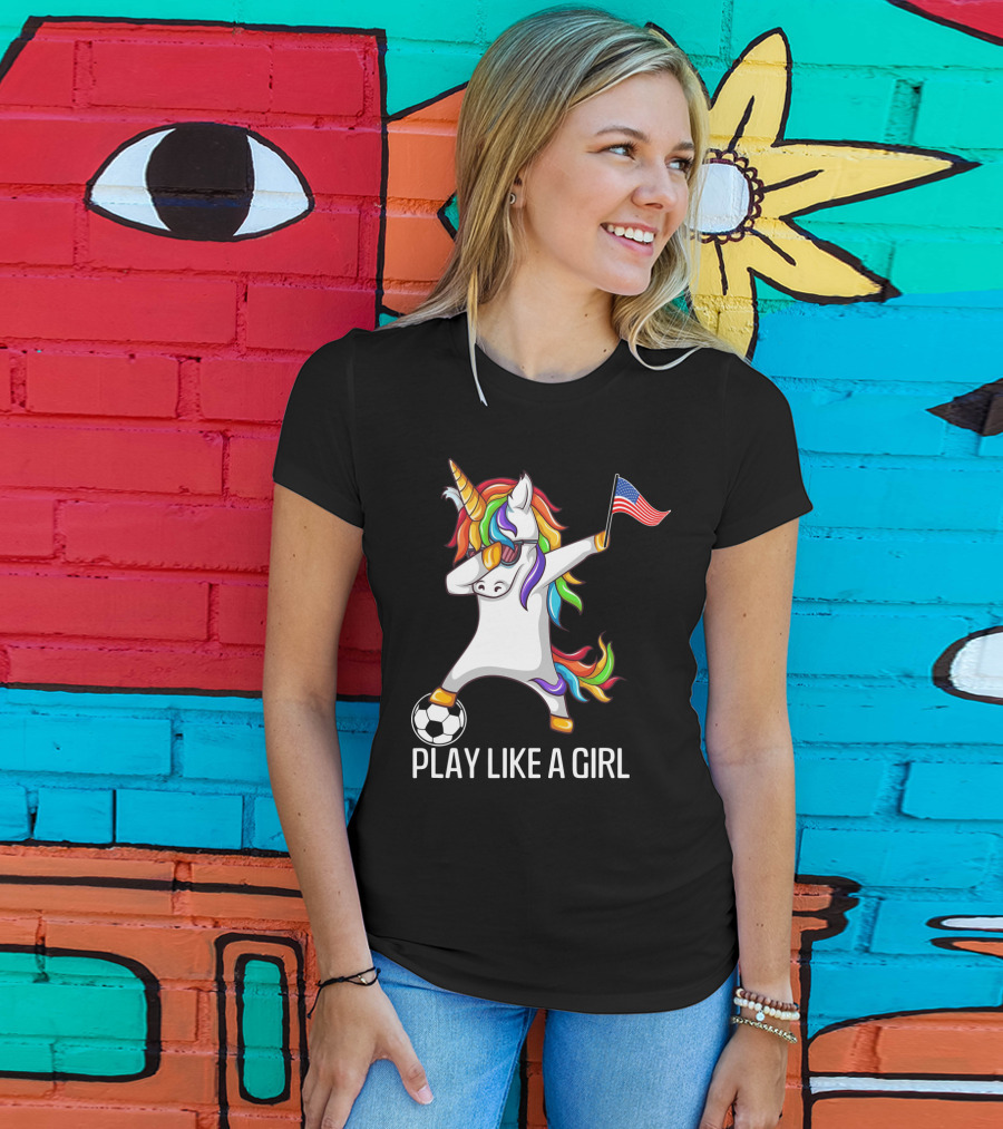 Dabbing Unicorn Play Like A Girl USA Soccer T-Shirt
