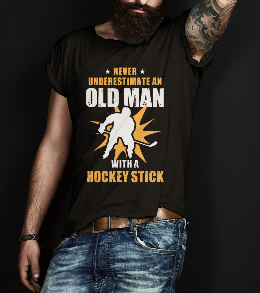 Never Underestimate An Old Man With A Hockey Stick Silhouette Starburst T-Shirt