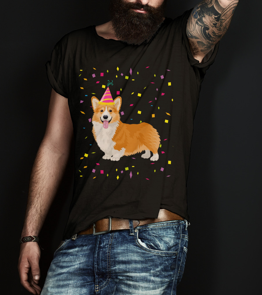 Welsh Corgi Birthday Party With Confetti And Party Hat T-Shirt