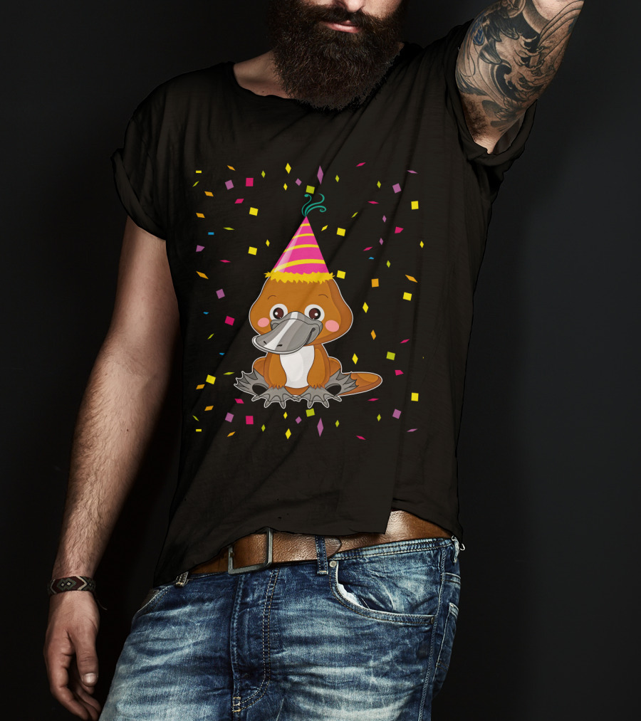 Funny Platypus With Party Hat And Confetti Celebration Birthday T-Shirt
