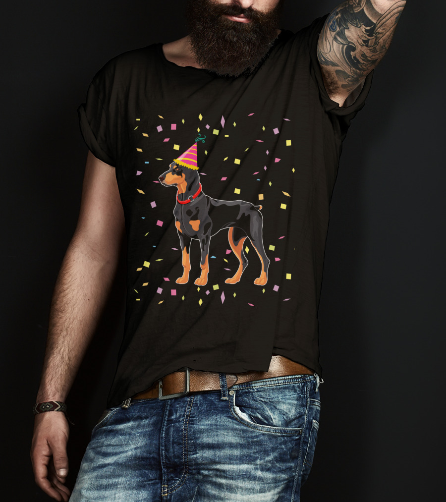 Doberman With Party Hat And Confetti T-Shirt