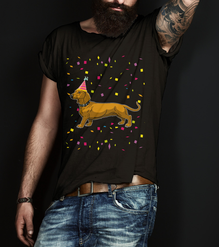 Funny Dachshund Birthday Party With Confetti And Party Hat T-Shirt