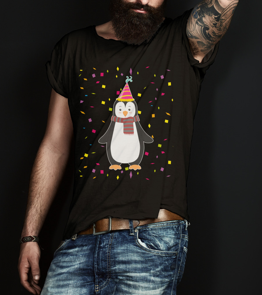 Funny Penguin Birthday Confetti Celebration With Party Hat And Scarf T-Shirt