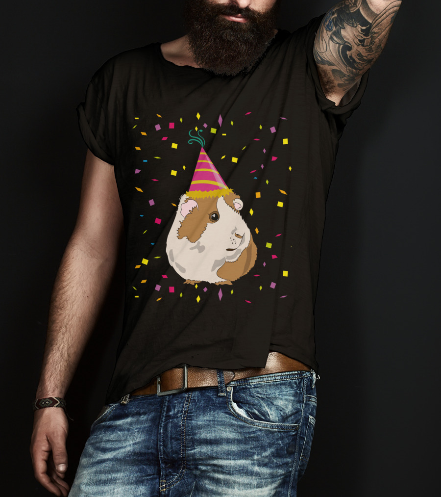Funny Guinea Pig Birthday Celebration With Party Hat And Confetti T-Shirt