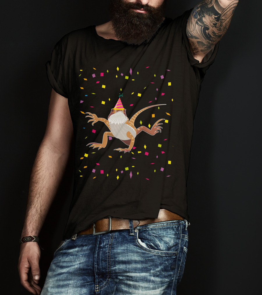 Colorful Confetti Party Hat Bearded Dragon Birthday T-Shirt