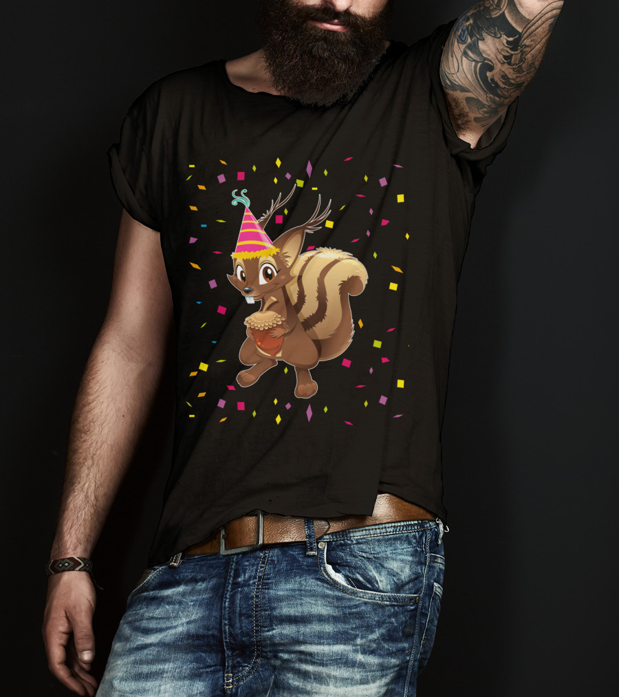 Funny Squirrel Party Hat Holding Acorn Birthday Confetti T-Shirt