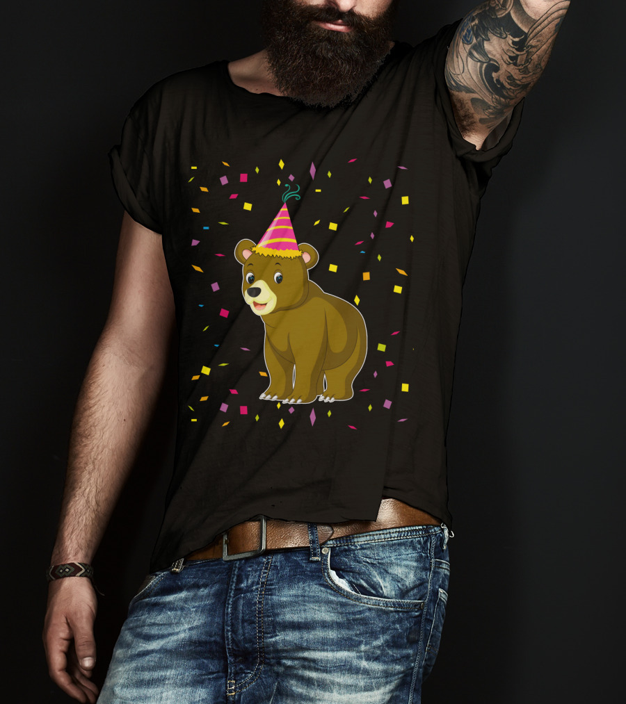 Funny Bear Birthday Party Hat Festive Confetti T-Shirt