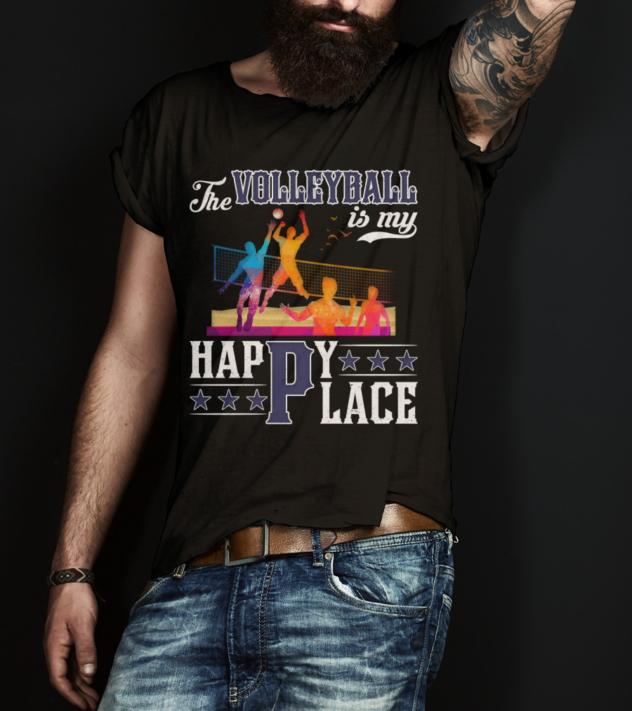 The Volleyball Is My Happy Place Colorful Players Action Scene T-Shirt