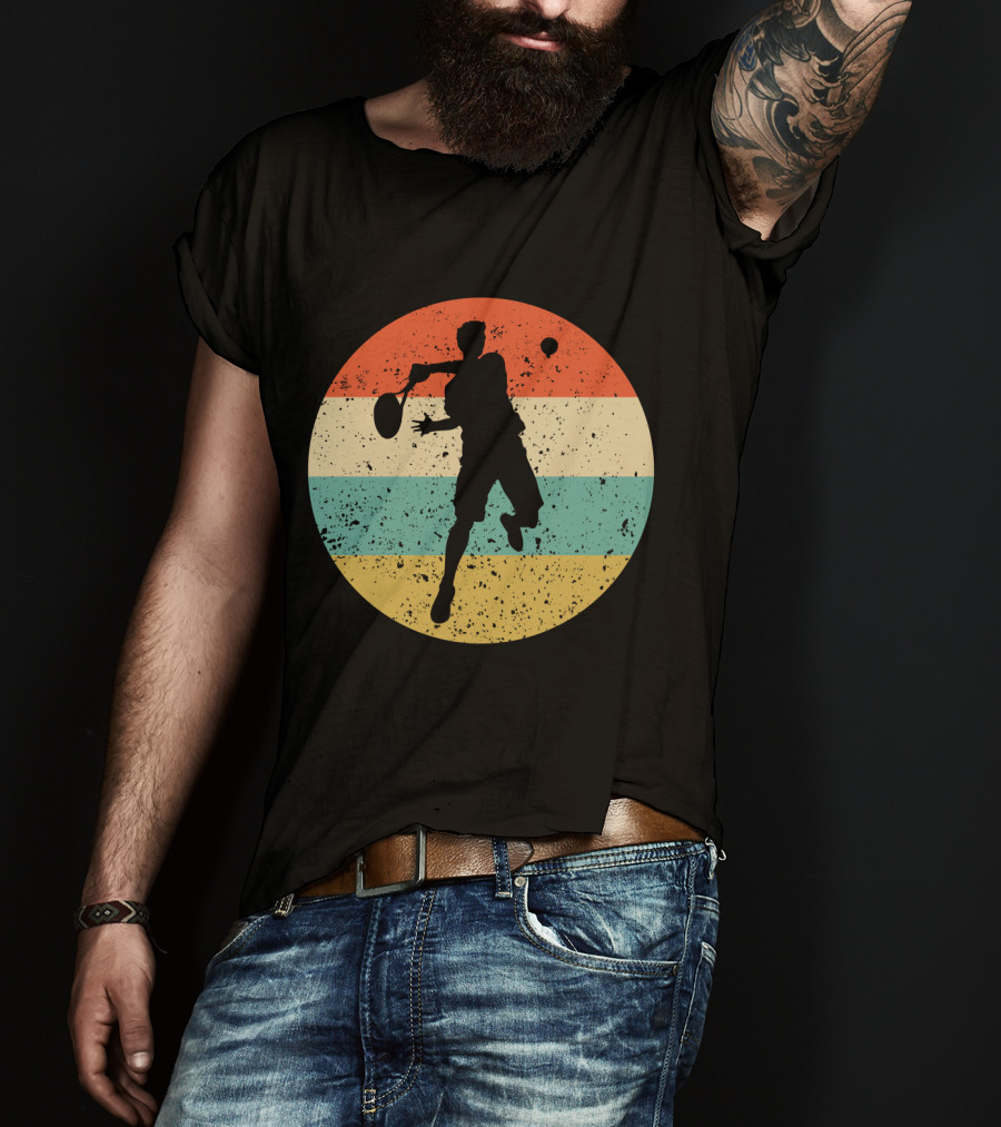 Vintage Retro Tennis Player Silhouette In Distressed Circle T-Shirt