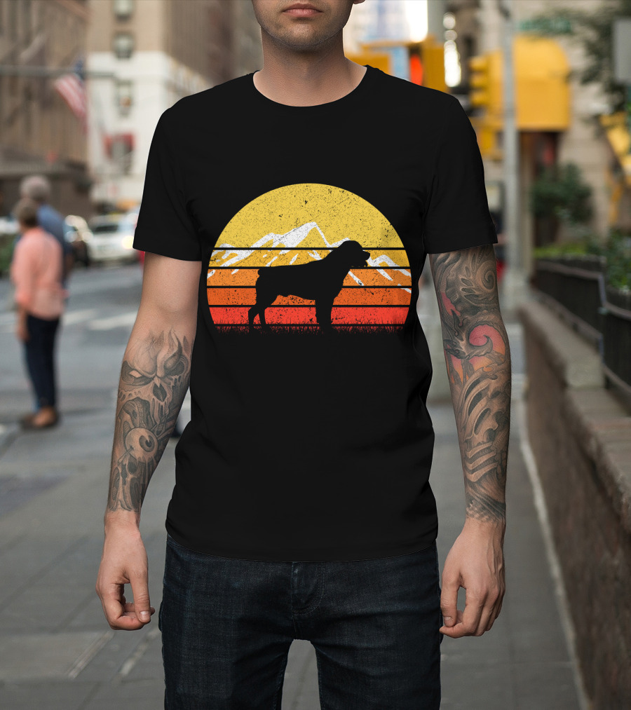Retro Vintage Rottweiler Dog Silhouette Sunset Mountains T-Shirt