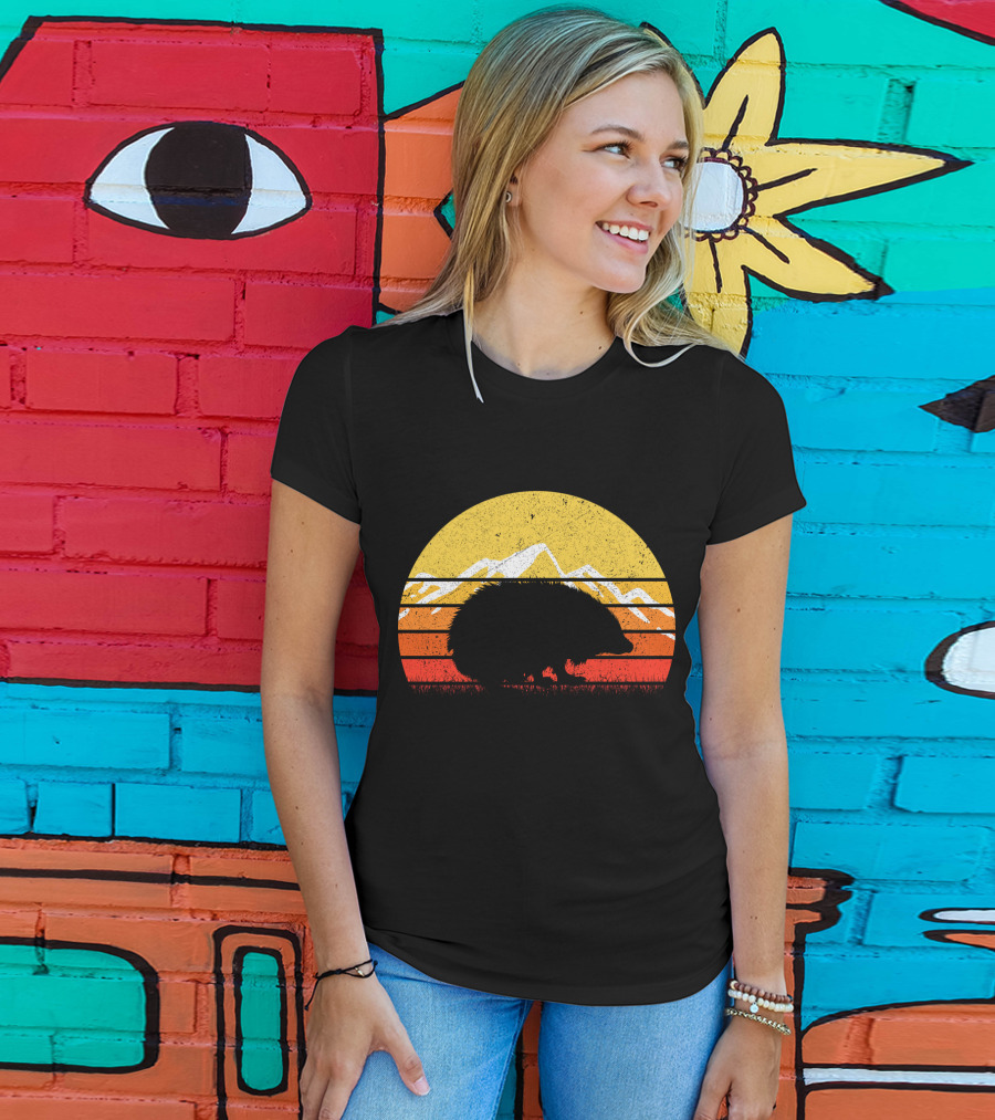 Retro Vintage Hedgehog Silhouette Against Sunset Mountain Stripe Circle T-Shirt
