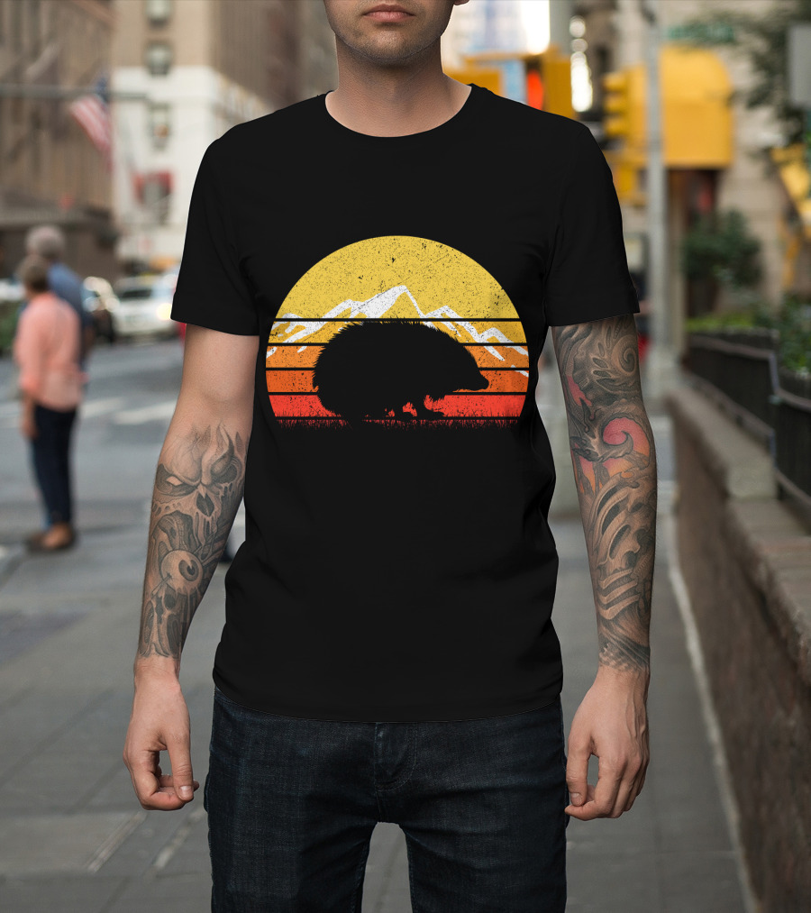 Retro Vintage Hedgehog Silhouette Against Sunset Mountain Stripe Circle T-Shirt