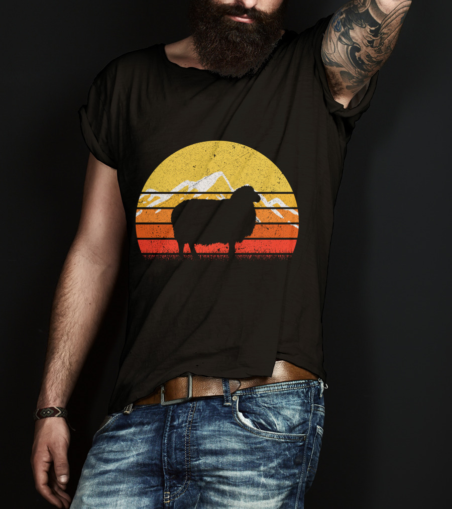 Retro Vintage Sheep Sunset With Mountains T-Shirt