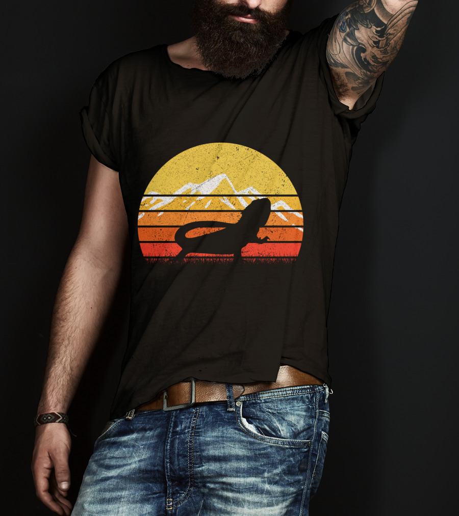 Retro Vintage Bearded Dragon Sunset Silhouette Mountain Stripe T-Shirt