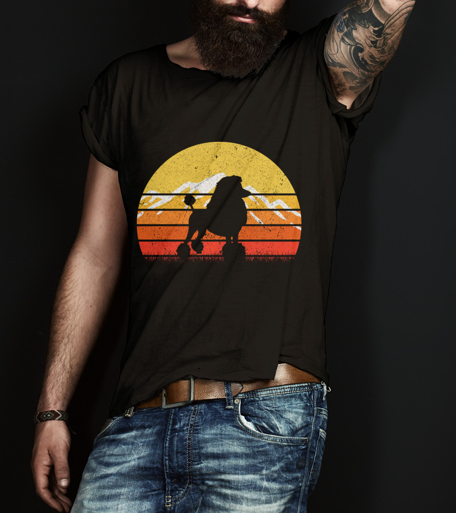 Retro Vintage Poodle Dog Sunset Silhouette With Mountains And Stripes T-Shirt