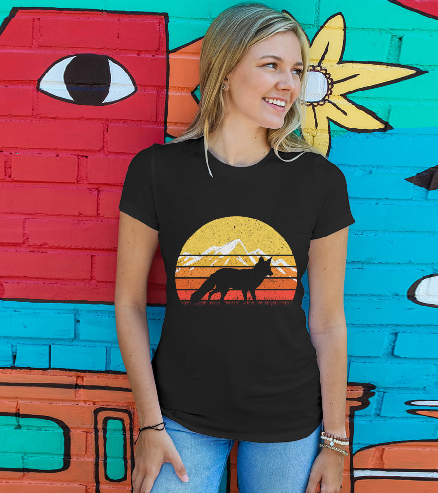 Retro Vintage Fox Silhouette With Mountains And Sunset Stripes T-Shirt
