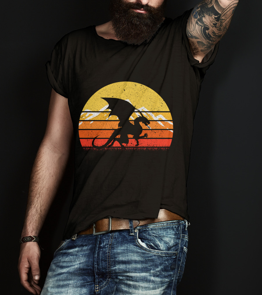 Retro Vintage Dragon With Silhouette And Sunset Mountains T-Shirt