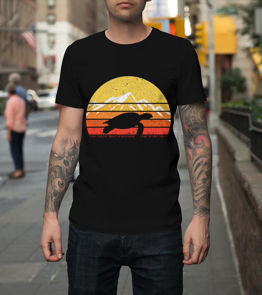 Retro Vintage Sea Turtle Sunset Mountain T-Shirt
