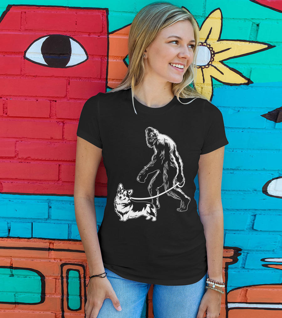 Bigfoot Walking Corgi Dog T-Shirt